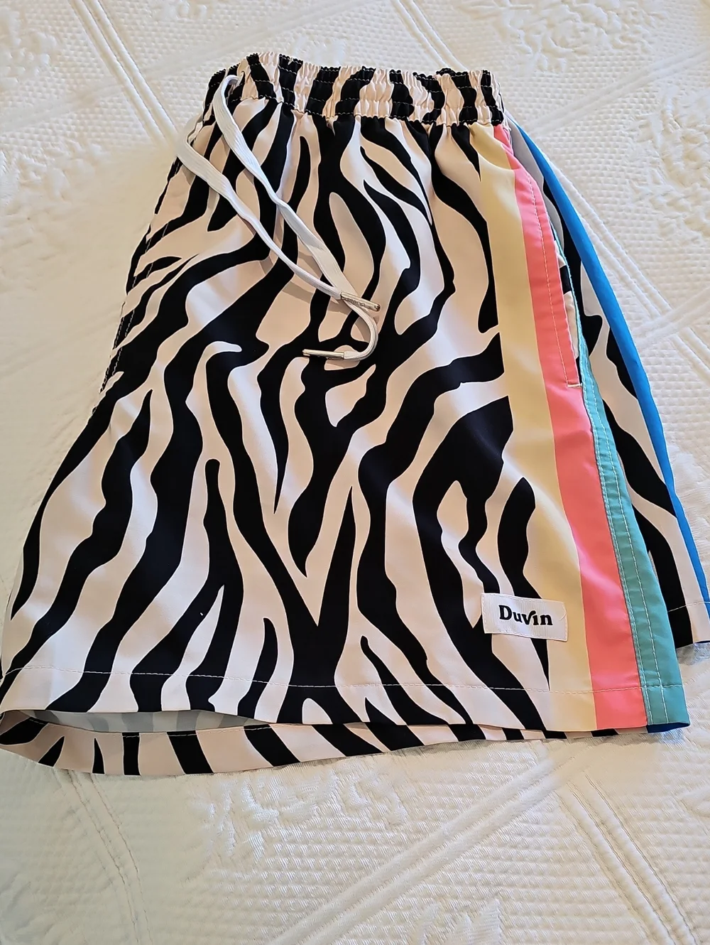 Men's Zebra Print Swim Trunks with Color Stripe Accent - Black & White